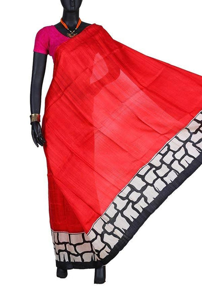 Red Traditional Silk Hand Printed Saree