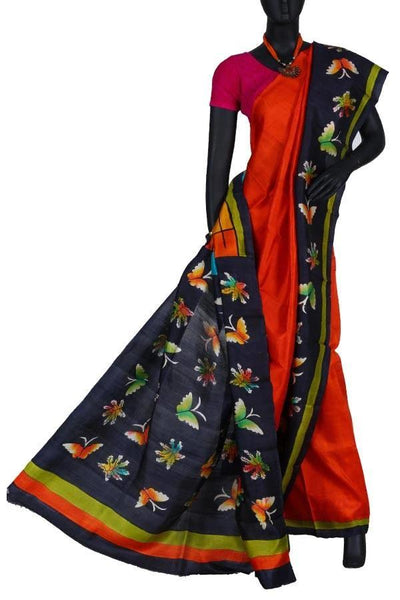 Orange Ethnic Handloom Silk Hand Printed Saree
