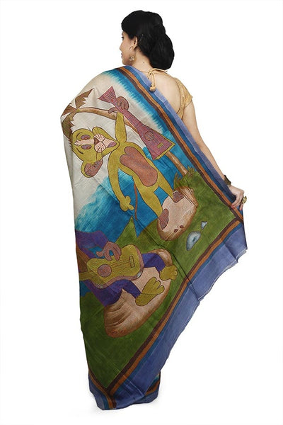 Blue Multi Color Purely Hand Painted Pure Tussar Silk Kantha Stitch Saree