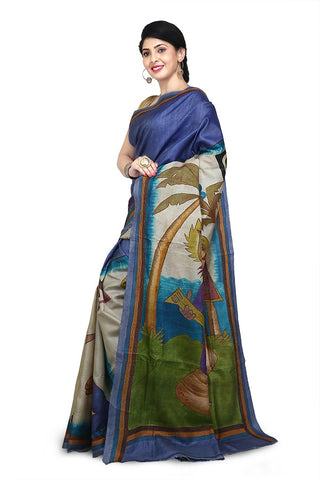Blue Multi Color Purely Hand Painted Pure Tussar Silk Kantha Stitch Saree