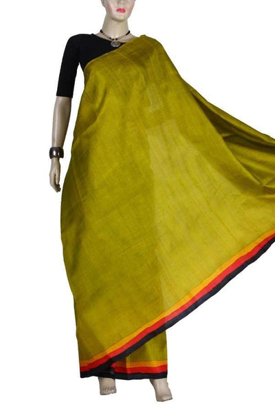 Greenish Yellow Festive Silk Hand Painted Saree