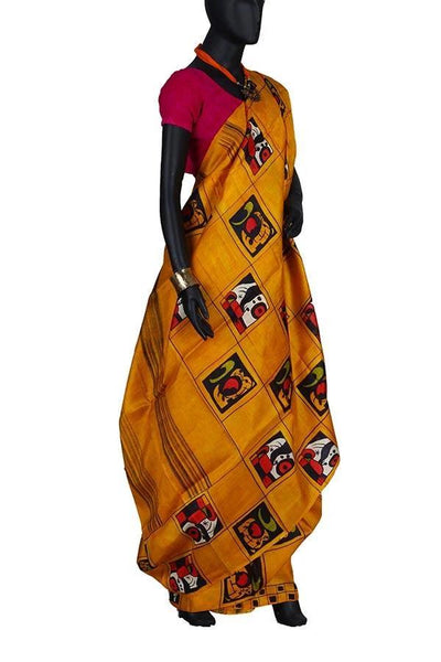 Mustard Indian Trendy Silk Hand Painted Saree