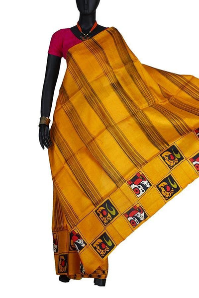 Mustard Indian Trendy Silk Hand Painted Saree