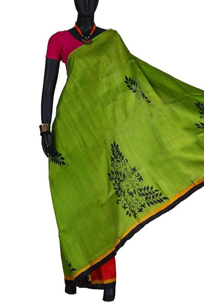 Sap Green Designer Silk Hand Printed Saree
