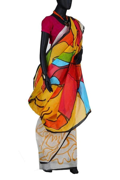 Off White Festive Cotton Hand Painted Saree