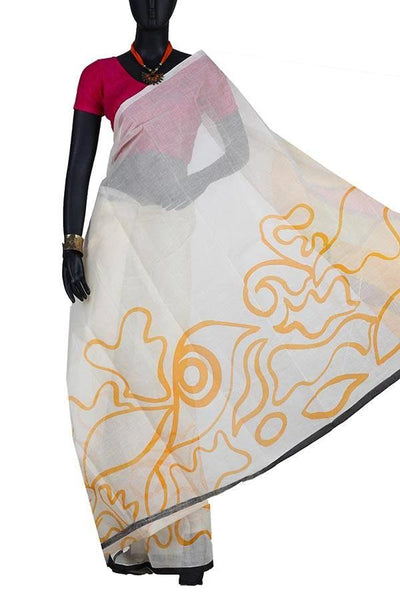 Off White Festive Cotton Hand Painted Saree