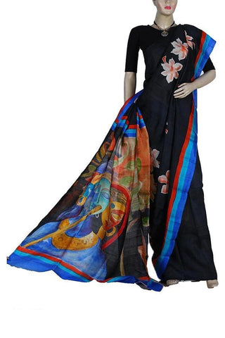 Black Designer Silk Hand Printed Saree