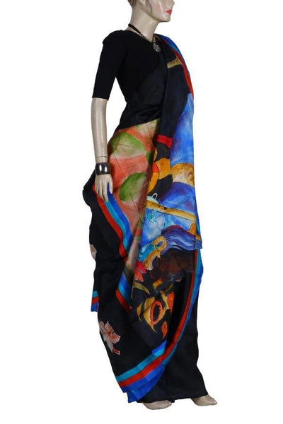 Black Designer Silk Hand Printed Saree