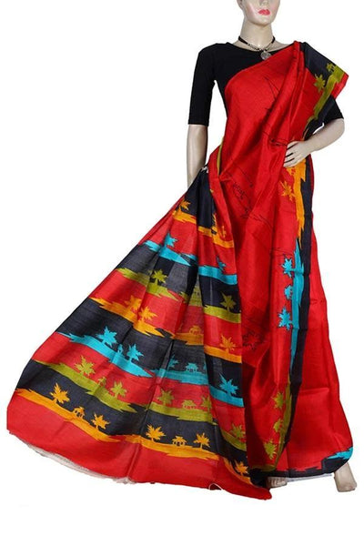 Red Designer Silk Hand Printed Saree