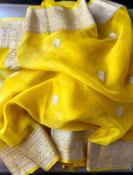 Pure Yellow Handwoven Khaddi Chiffon Georgette with Pure Silver Zari