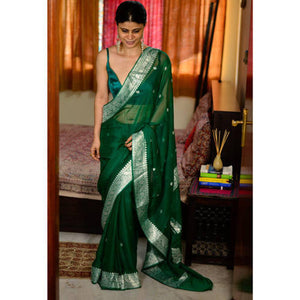 Green Handwoven Khaddi Chiffon Georgette with Pure Silver Zari