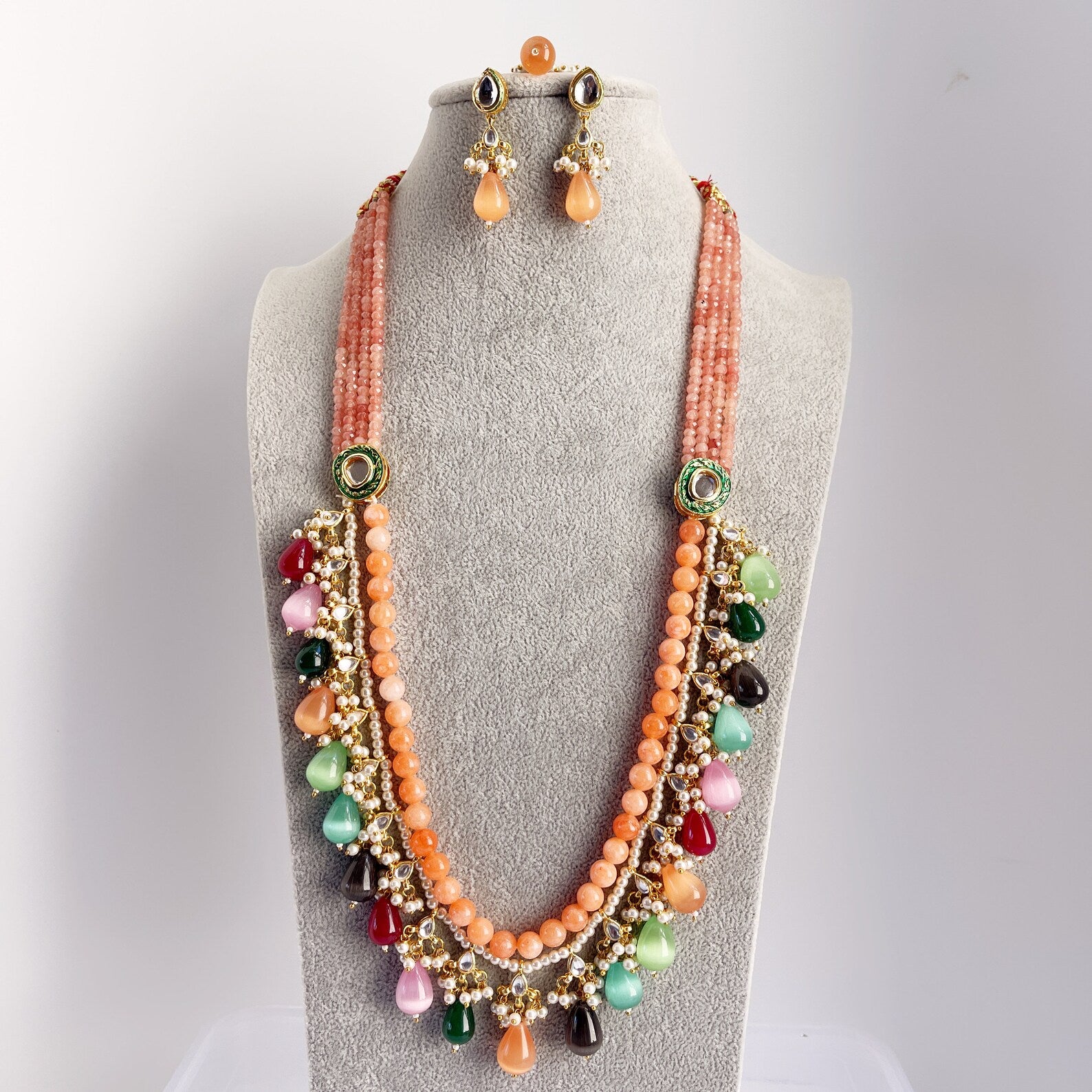 Coral Peach Pink Kundan Rani Haar Long Necklace