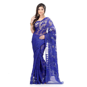BLUE JAMDANI SAREE SELF AND GOLD FLORAL WOVEN MOTIFS.