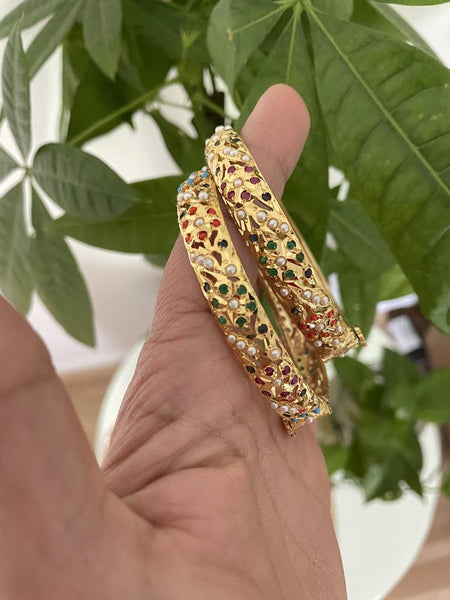 Hydrabadi Jaddau Navratan Bangles in gold finish