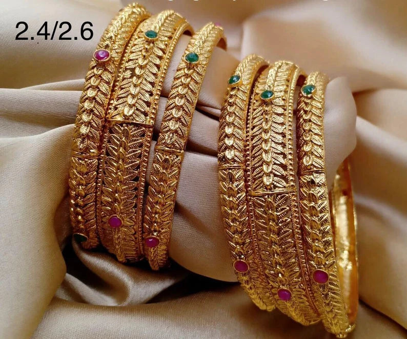 Traditional Gold Kadas Bangles Set With Red Green Stones