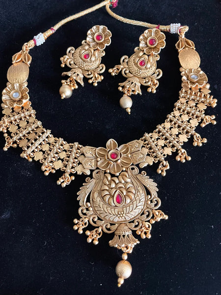 Gold Plated Necklace Set with Red Stones