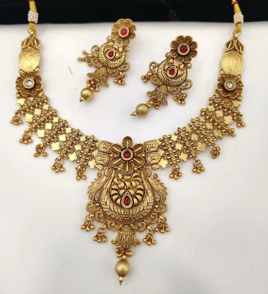Gold Plated Necklace Set with Red Stones