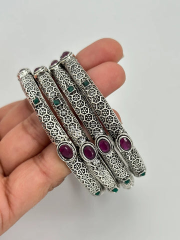 Multicolored Stones Oxidized Silver Bangles