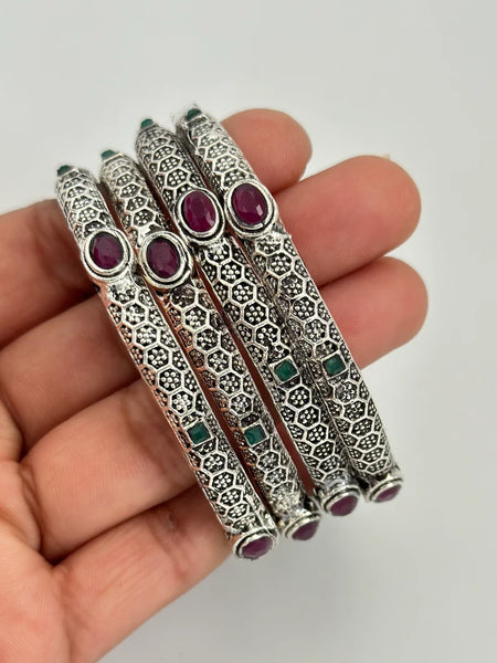 Multicolored Stones Oxidized Silver Bangles