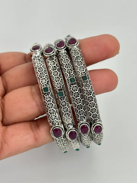 Multicolored Stones Oxidized Silver Bangles