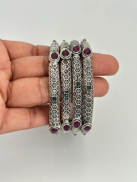 Multicolored Stones Oxidized Silver Bangles