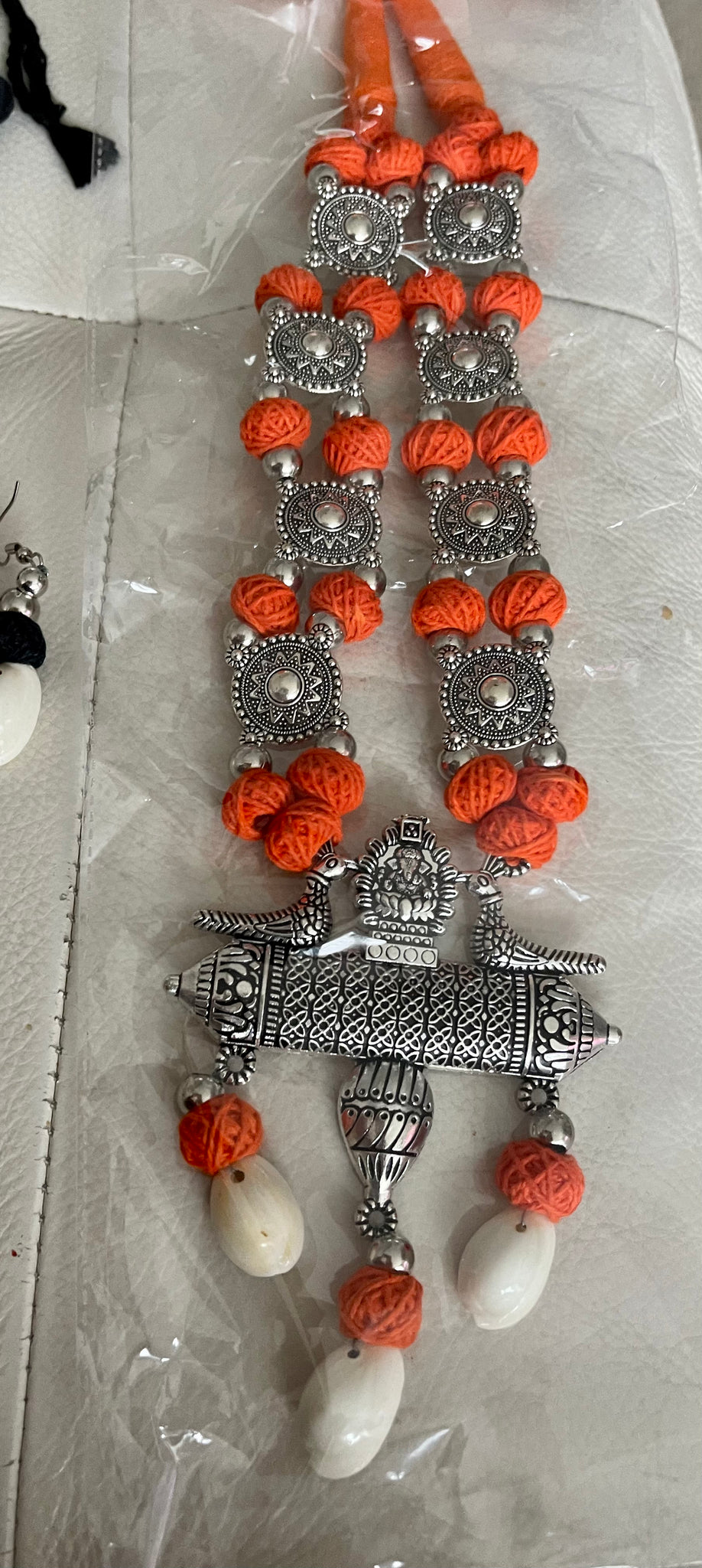 Orange German Silver Thread Shell Jewelry with Earrings