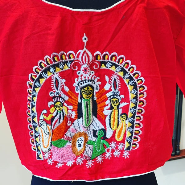 Red Cotton Elbow Sleeve Durga Embriodered Blouse on Back