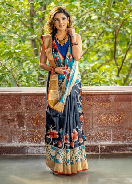 PURE TASSAR SILK BLACK & BLUE COMBINATION KALAMKARI DESIGN SAREE