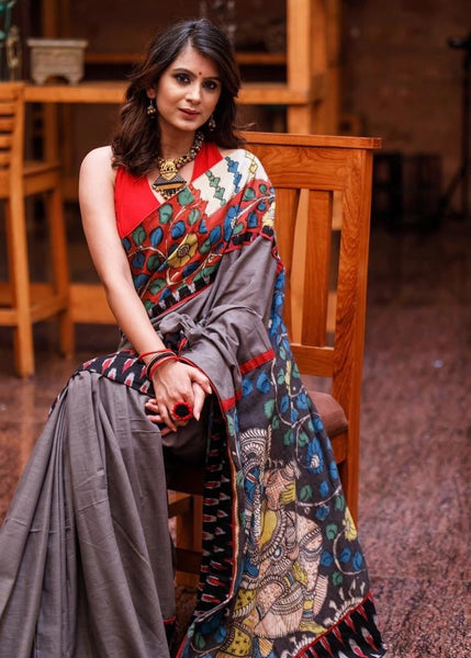 GREY SLUB COTTON SAREE WITH IKAT BORDER & HAND PAINTED KALAMKARI PALLU