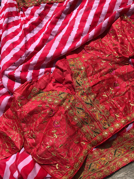 ReddishPink and White Georgette Chiffon Saree with Readymade Blouse