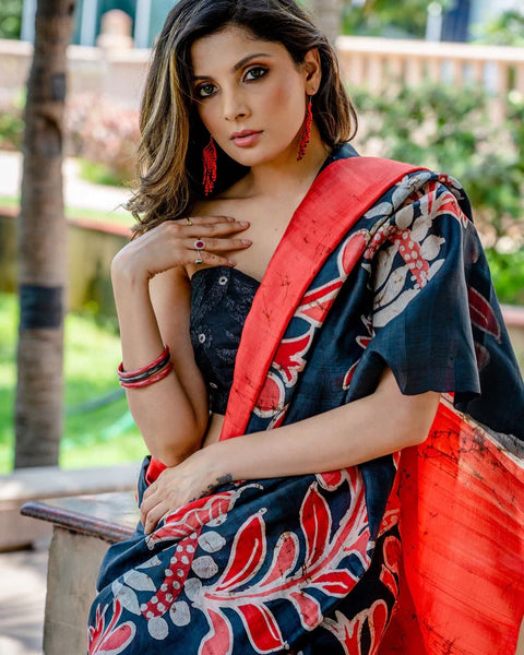 PURE SILK BATIK WORK BLACK AND RED COMBINATION SAREE