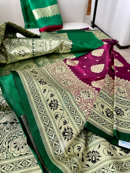 Plum Green and Gold Banarasi Silk Saree