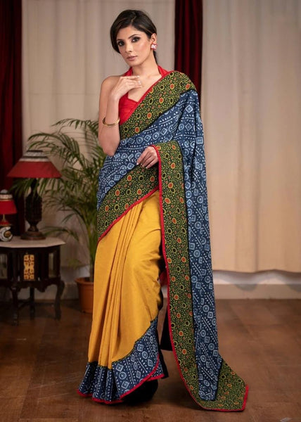 INDIGO & MUSTARD COTTON COMBINATION SAREE WITH AJRAKH BORDER