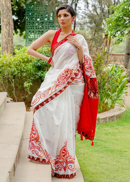 CHANDERI HANDPAINTED WHITE SAREE WITH IKAT BORDER