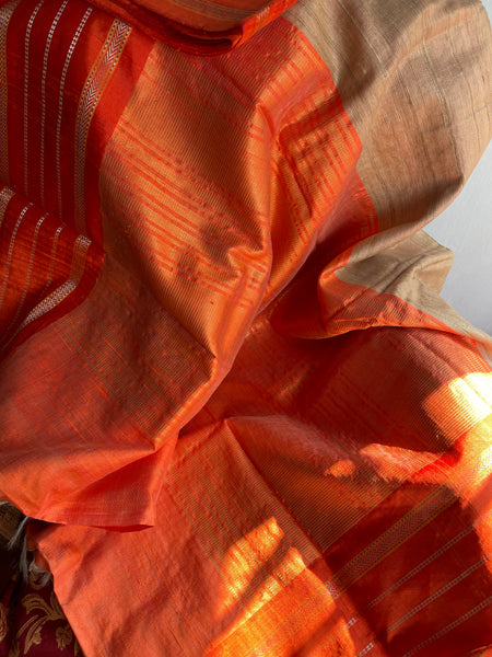 Pure Ghicha Tussar Silk Ikkat Saree in Orange