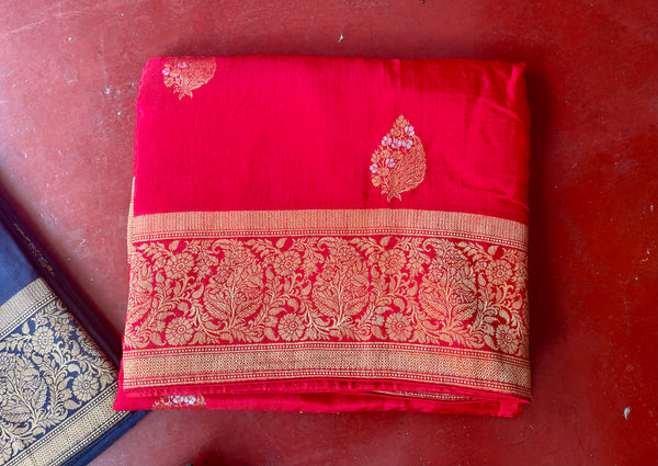 Pinkish Red, Gold, Silver Dual Tone Muga Silk Saree