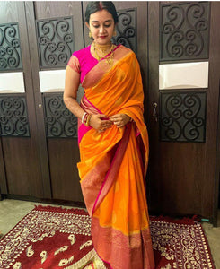 Pure Soft Handloom Silk Saree In Orange and Coral