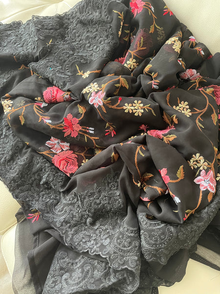 Black Georgette Chiffon with Lace and Embroidery