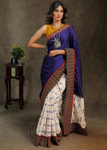 WHITE IKAAT AND BLUE KHUN COMBINATION COTTON SAREE