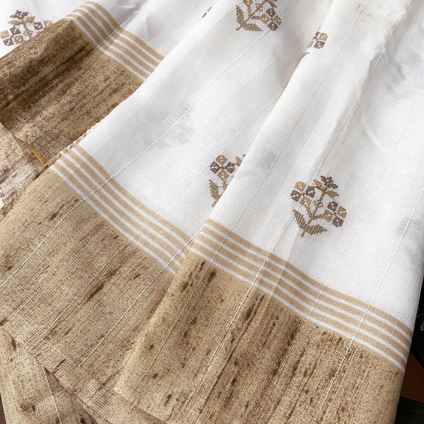 Ivory and Gold Embroidered Raw Tussar Silk Saree