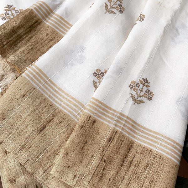 Ivory and Gold Embroidered Raw Tussar Silk Saree