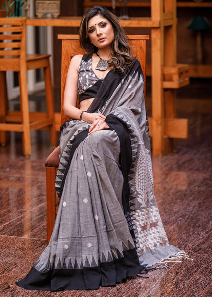 GREY MERCERISED COTTON BENGAL HANDLOOM SAREE