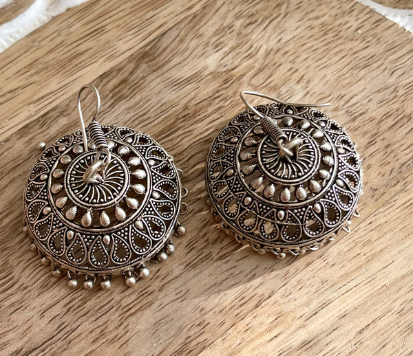 German Silver Jhumka Earrings in Circular Design with Jhumki’s