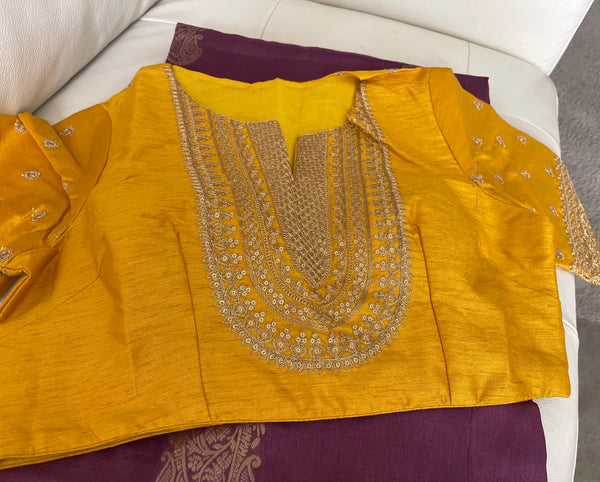 Purple and Yellow/Gold Munga Silk Saree with Readymade Blouse