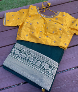 Forest Green Muga Banarasi Silk saree with Yellow Readymade Blouse
