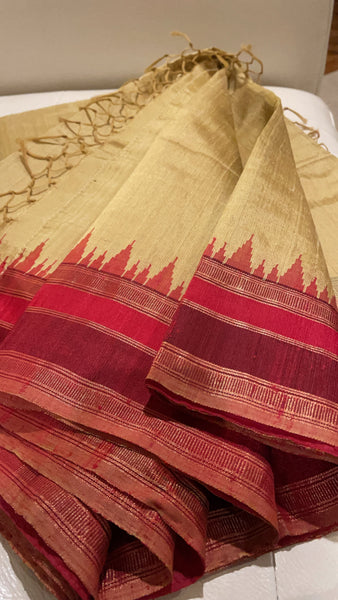 Pure Tussar Dupion Silk in Tan with Red and Maroon Golden Temple Border with Tassels