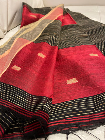 Red, Black, and Beige Pure Handloom Saree