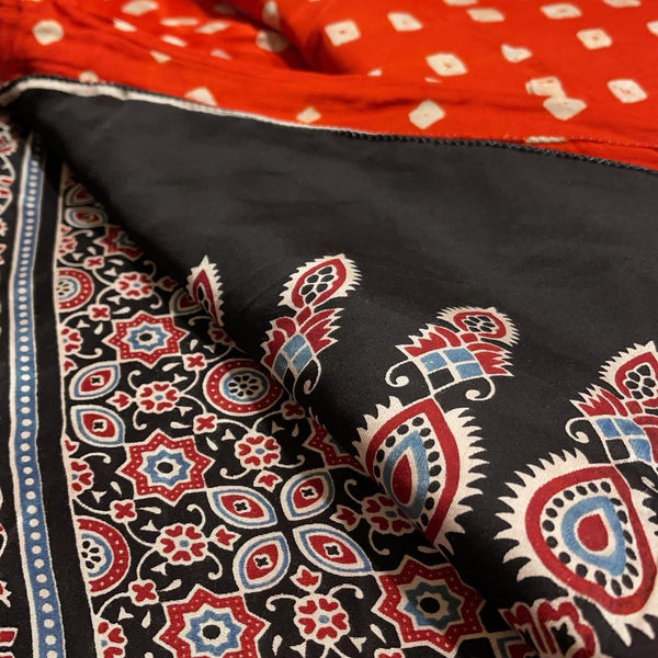 Rust Red Bandhani with Ajrakh Hand block print with Natural dye on Modal silk