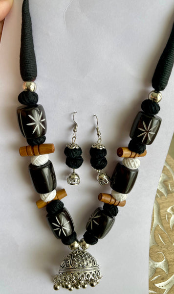 Black Stone German Silver Necklace with Earrings