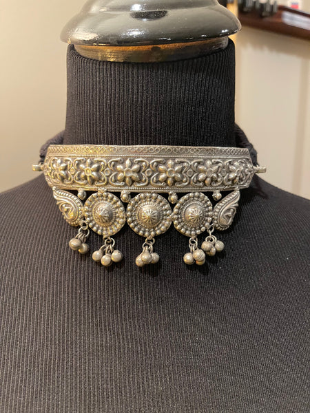 Silver Look Alike Oxidised Choker with Earrings